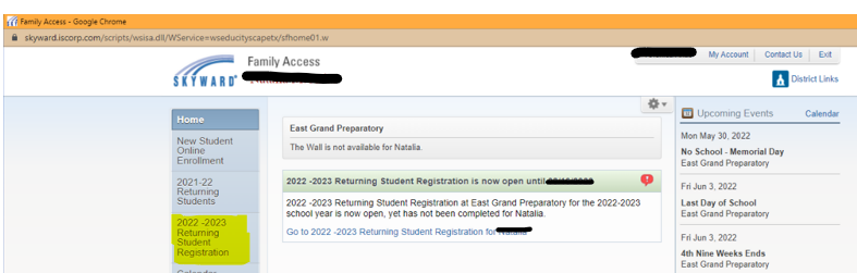 Returning Student Registration at Skyward